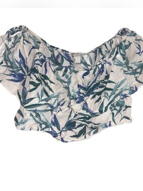 Forever 21 White Off-Shoulder Leaf-Print Crop Top with Blue and Green Leaves